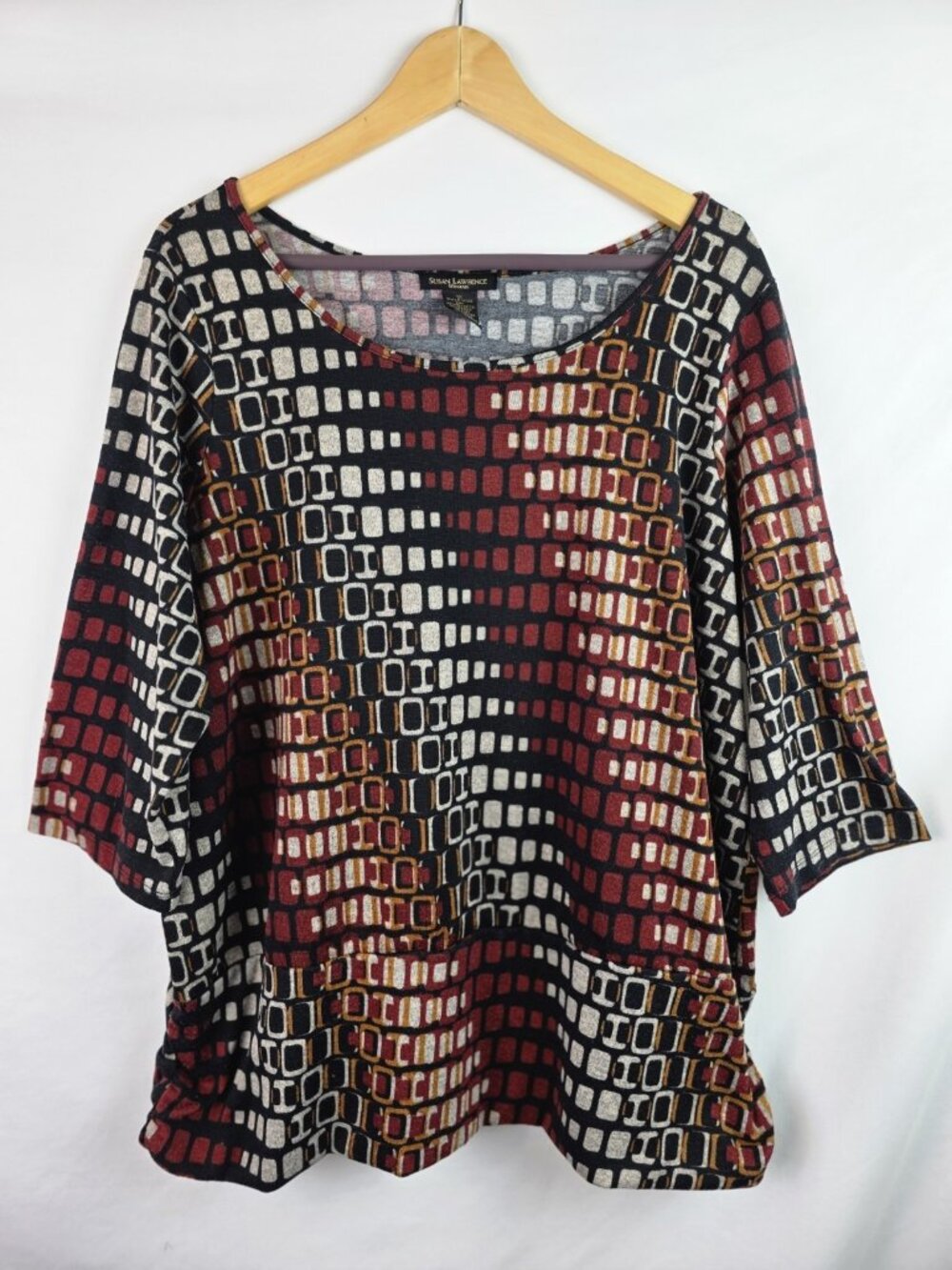 Susan Lawrence Women's Top Plus Size 1X Burgundy Squares 3/4 Sleeve Shirt